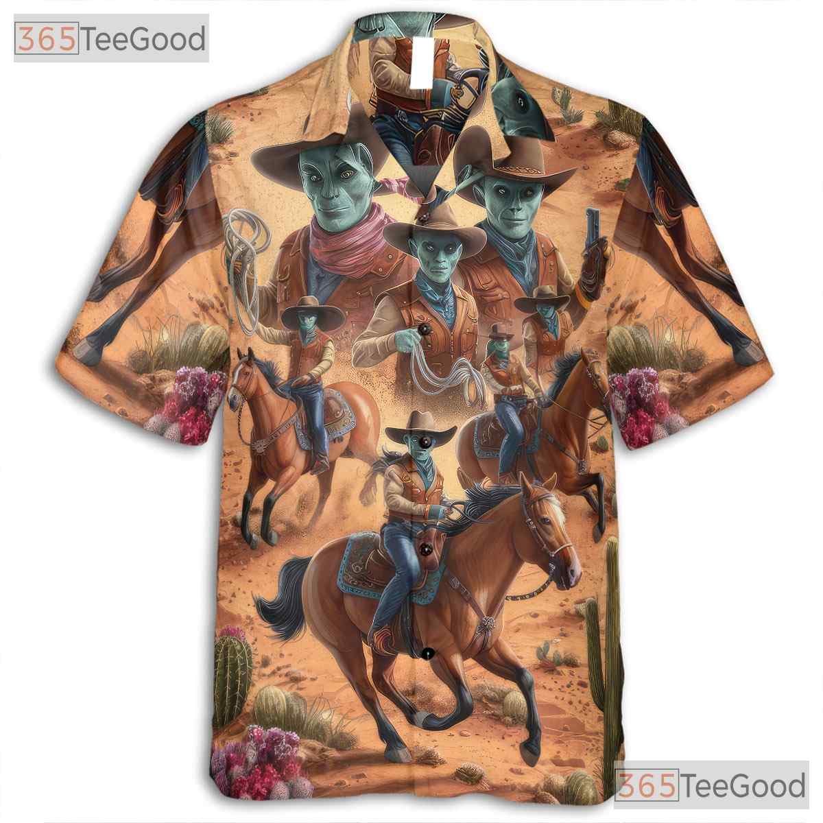 Sci-Fi Alien Cowboy Hawaiian Shirt for Men - Western Desert Party Outfit