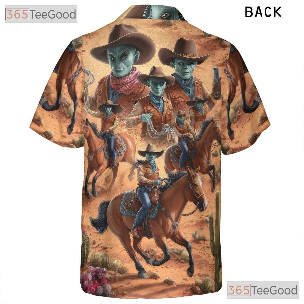 Sci-Fi Alien Cowboy Hawaiian Shirt for Men - Western Desert Party Outfit