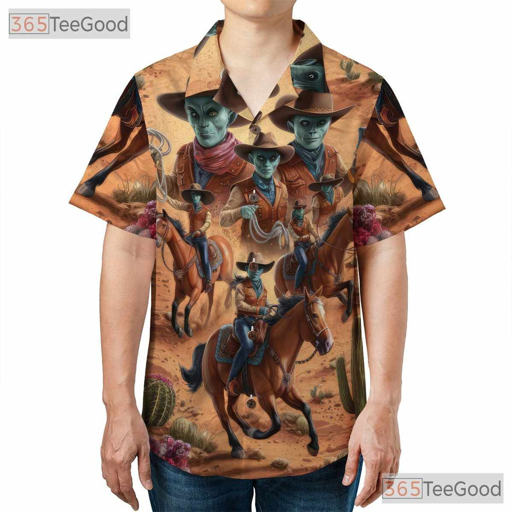 Sci-Fi Alien Cowboy Hawaiian Shirt for Men - Western Desert Party Outfit