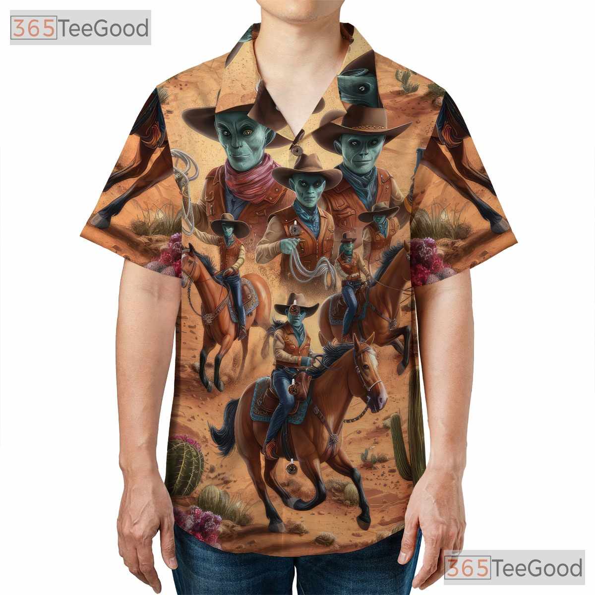 Sci-Fi Alien Cowboy Hawaiian Shirt for Men - Western Desert Party Outfit