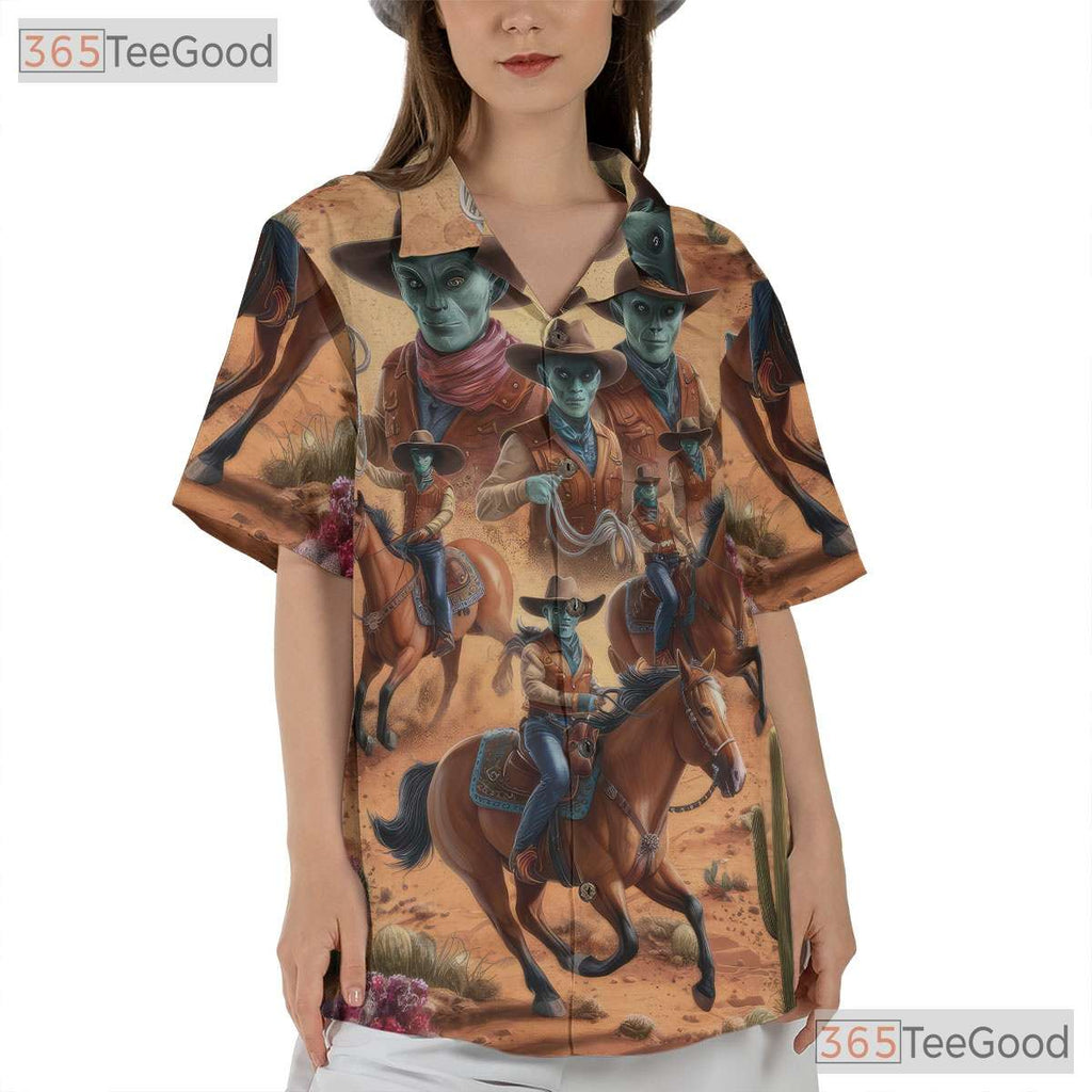Sci-Fi Alien Cowboy Hawaiian Shirt for Men - Western Desert Party Outfit
