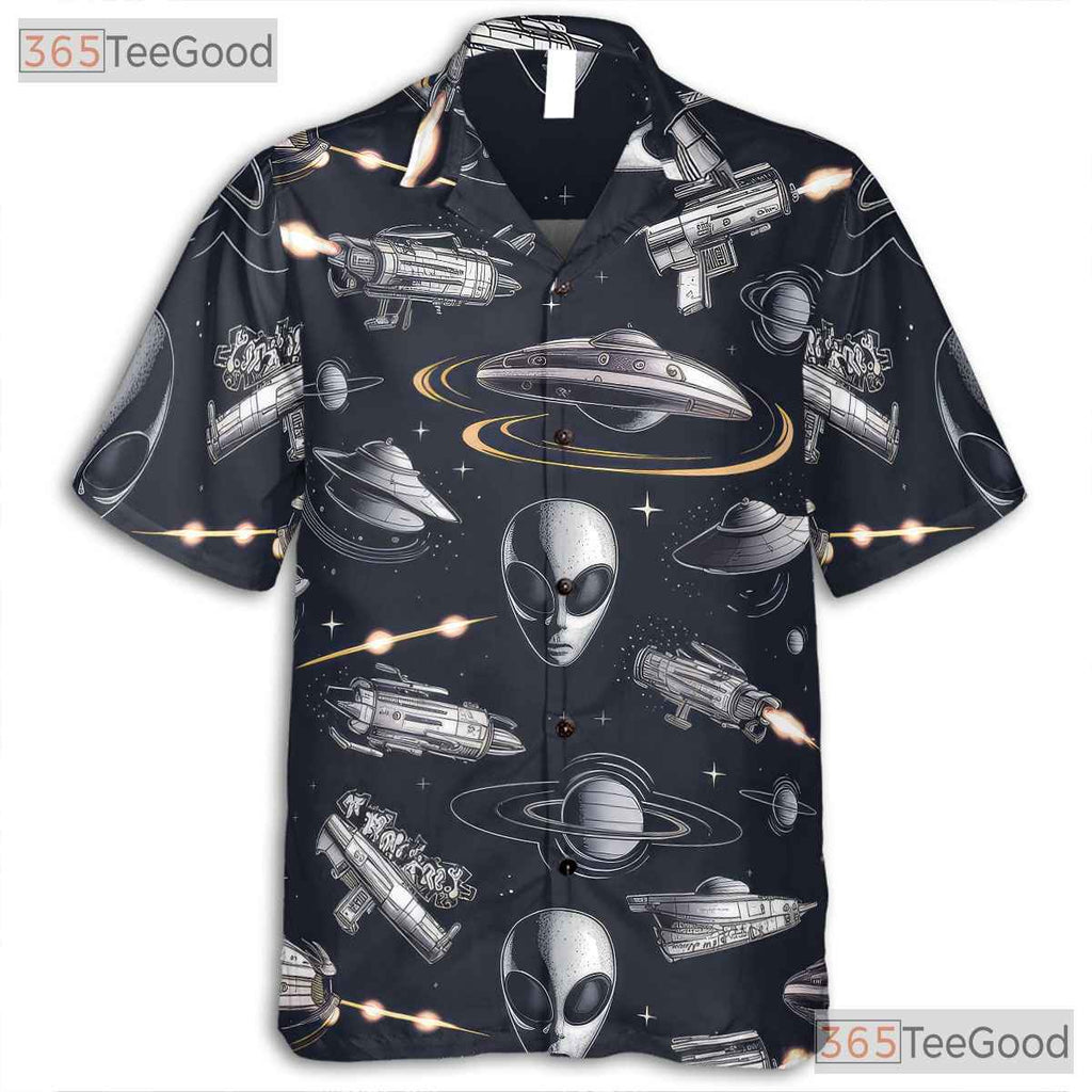 Sci-Fi UFO Alien Hawaiian Shirt for Men - Retro Space Galaxy Party Tee