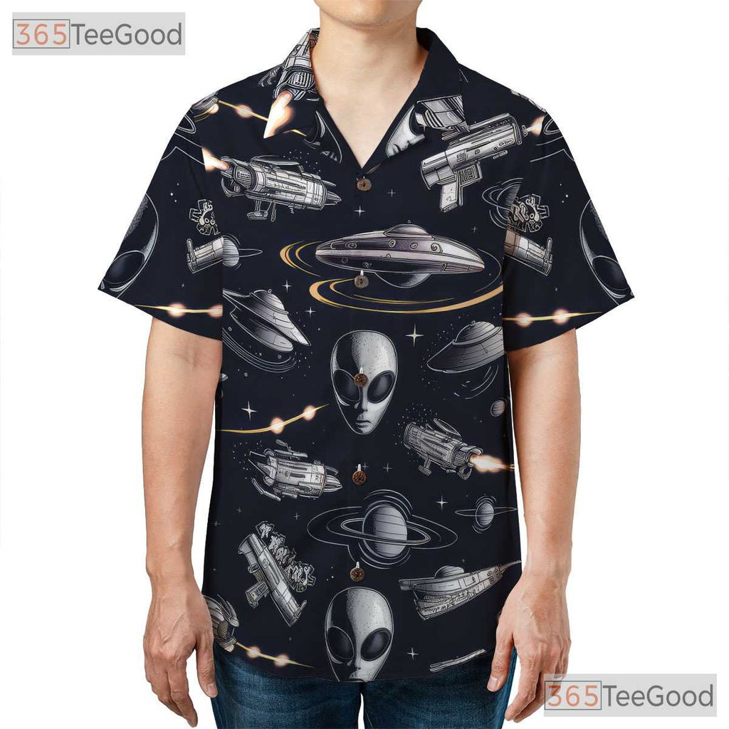 Sci-Fi UFO Alien Hawaiian Shirt for Men - Retro Space Galaxy Party Tee