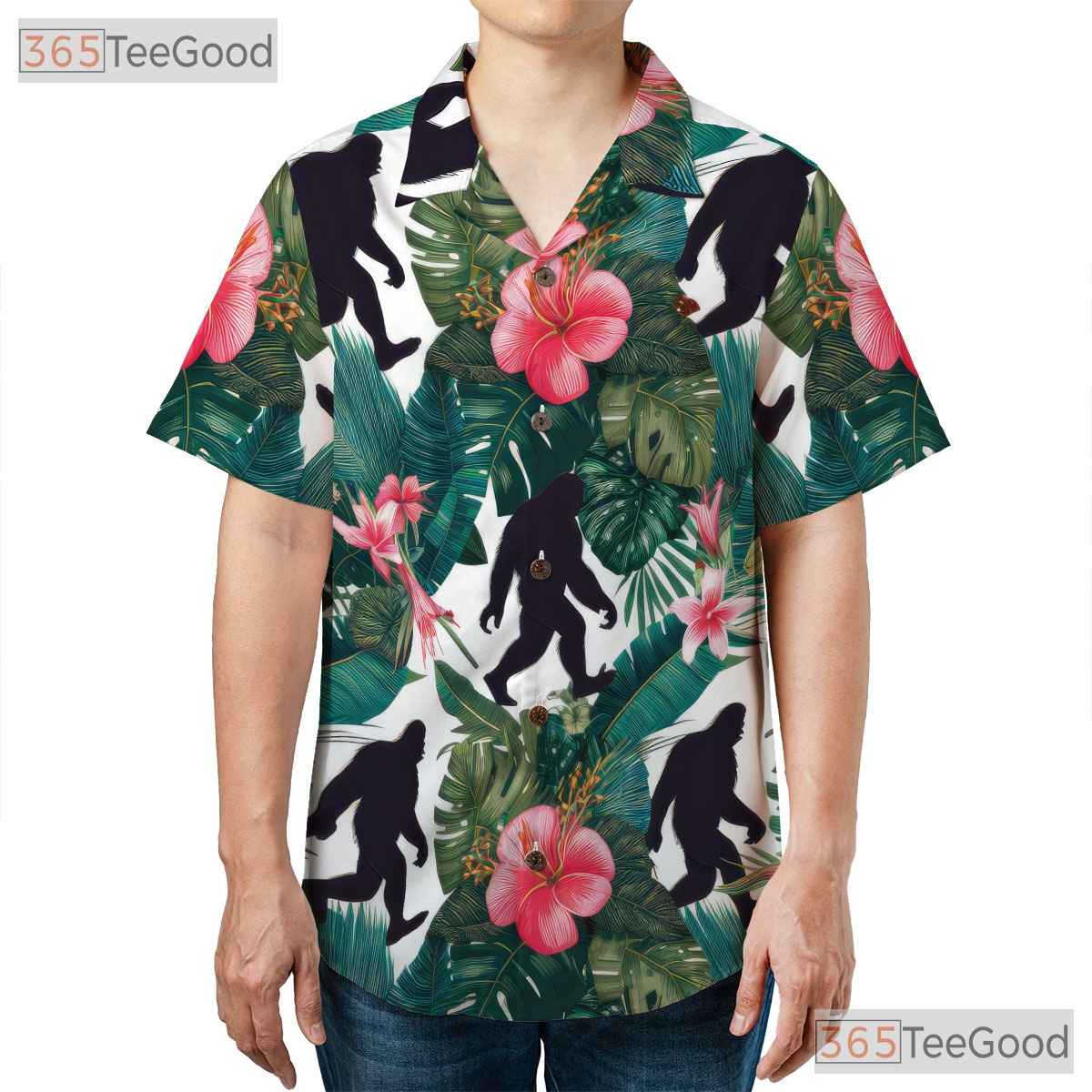 Seamless Jungle Floral Bigfoot Hawaiian Tee - Men's Home Beach Aloha Shirt