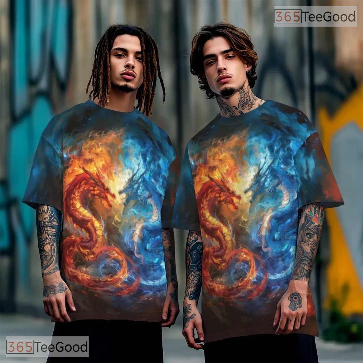 Mythical Twin Dragon Fantasy Graphic 3D Printed Casual Unisex Tee Shirt Apparel