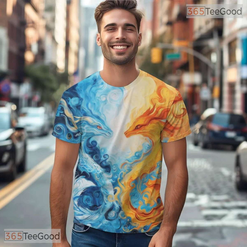 Twin Eastern Dragon Fantasy Art 3D Pattern Printed Casual Unisex Tee Shirt Tops