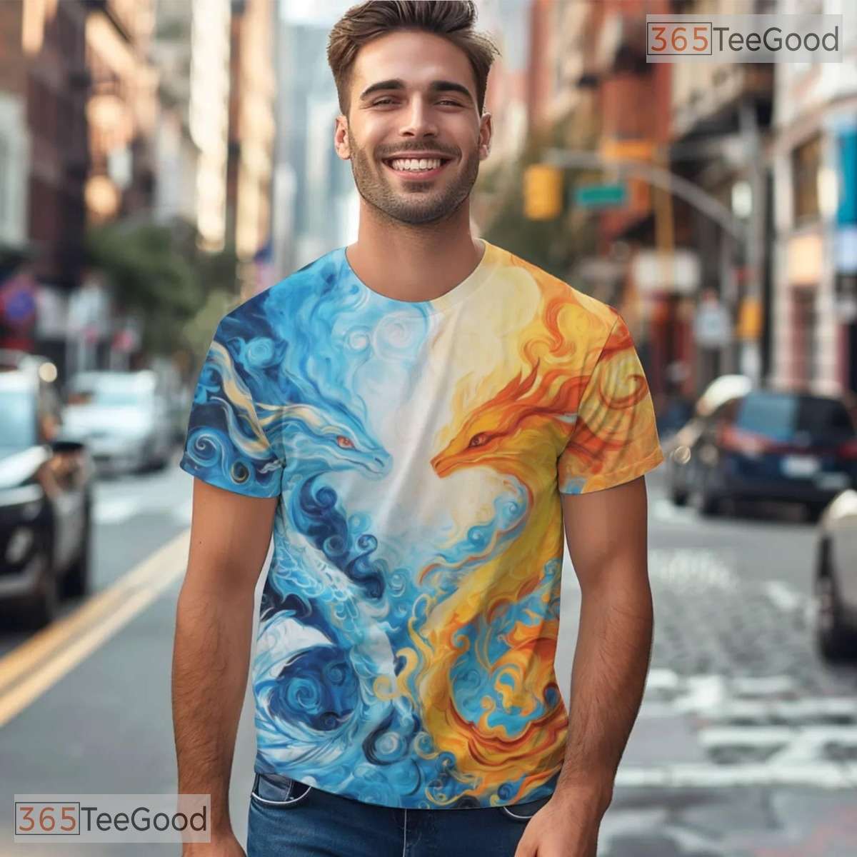 Twin Eastern Dragon Fantasy Art 3D Pattern Printed Casual Unisex Tee Shirt Tops