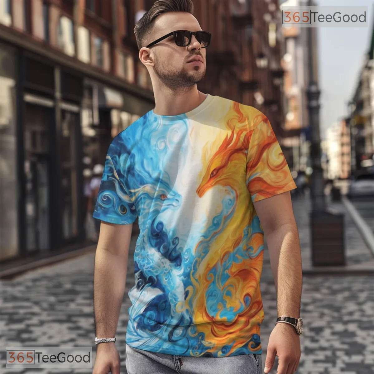 Twin Eastern Dragon Fantasy Art 3D Pattern Printed Casual Unisex Tee Shirt Tops