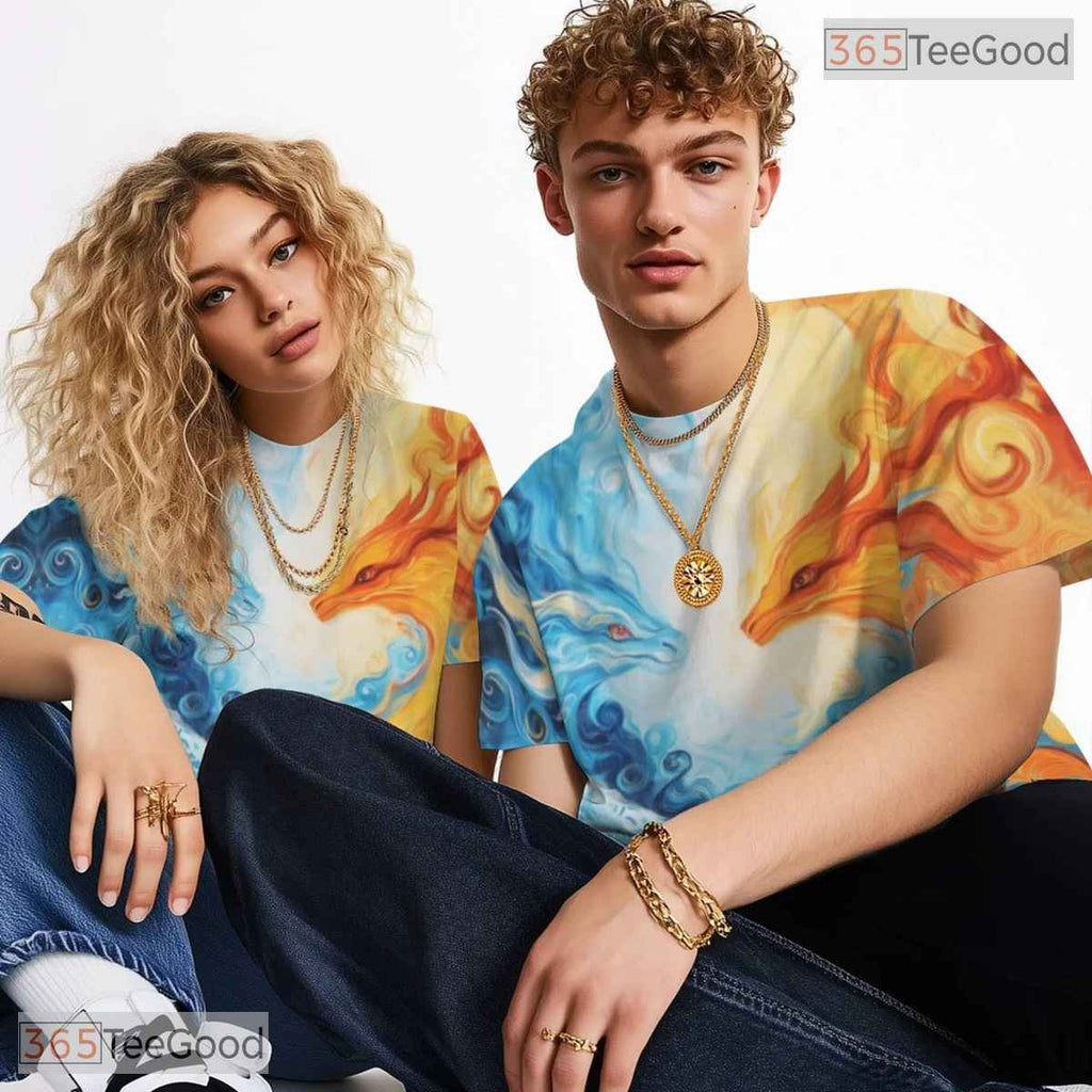 Twin Eastern Dragon Fantasy Art 3D Pattern Printed Casual Unisex Tee Shirt Tops