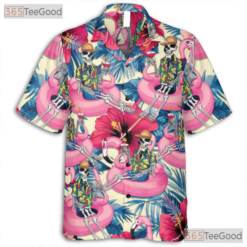 Skeleton Flamingo Print Aloha Hawaiian Shirt Unisex Beach Festival Look