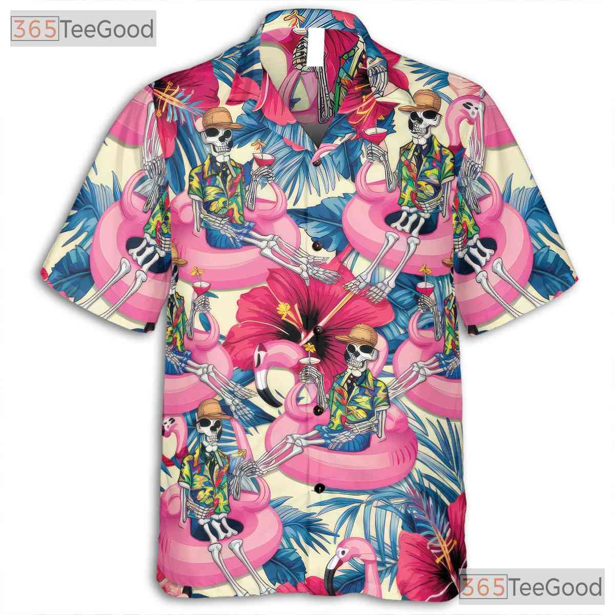 Skeleton Flamingo Print Aloha Hawaiian Shirt Unisex Beach Festival Look