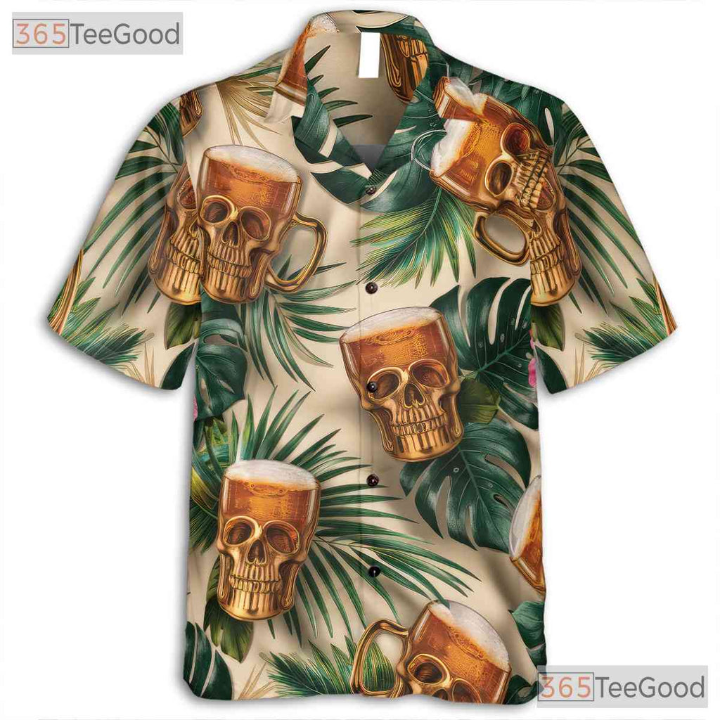 Skull Beer Mug Tropical Floral Tiki Print Hawaiian Tee Men Women Beachwear