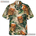 Skull Beer Mug Tropical Floral Tiki Print Hawaiian Tee Men Women Beachwear