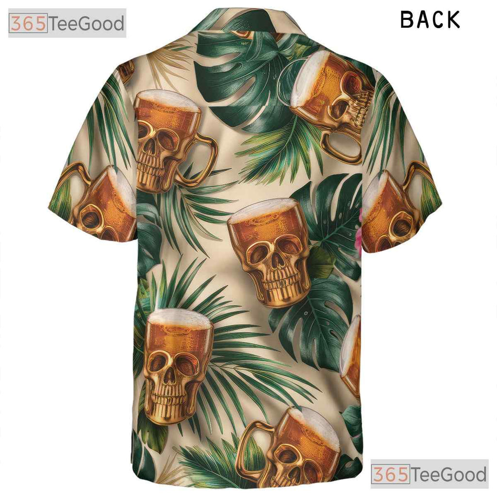Skull Beer Mug Tropical Floral Tiki Print Hawaiian Tee Men Women Beachwear