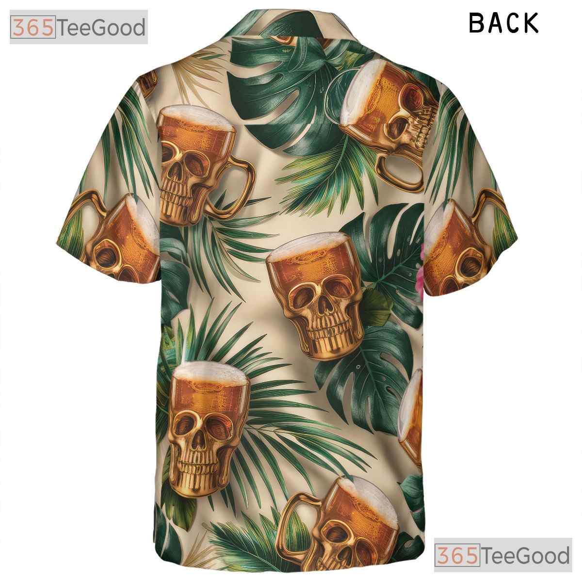 Skull Beer Mug Tropical Floral Tiki Print Hawaiian Tee Men Women Beachwear