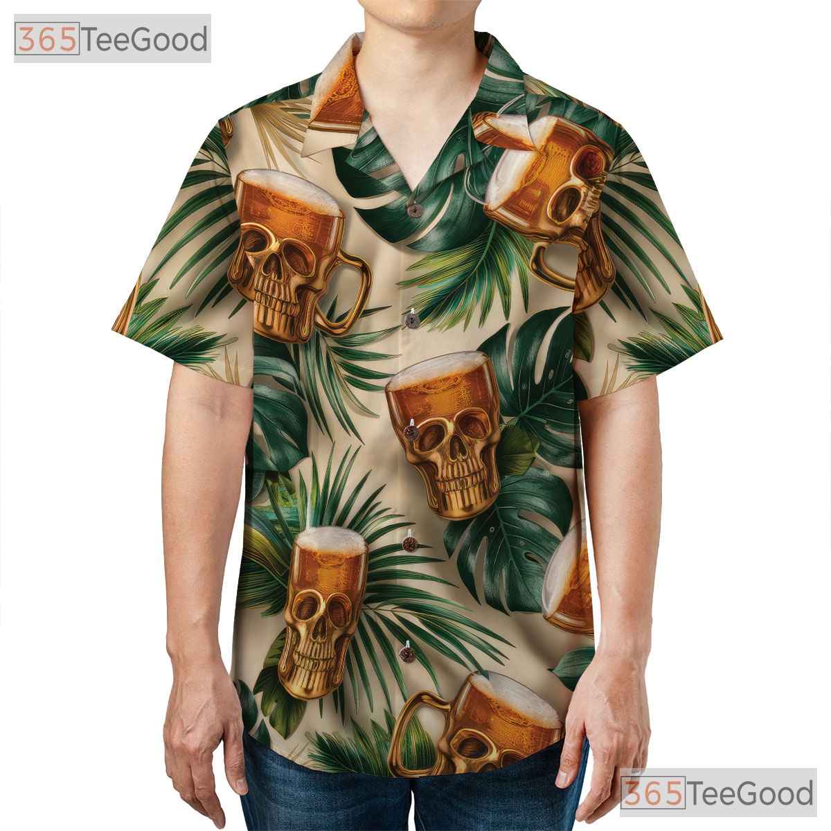 Skull Beer Mug Tropical Floral Tiki Print Hawaiian Tee Men Women Beachwear