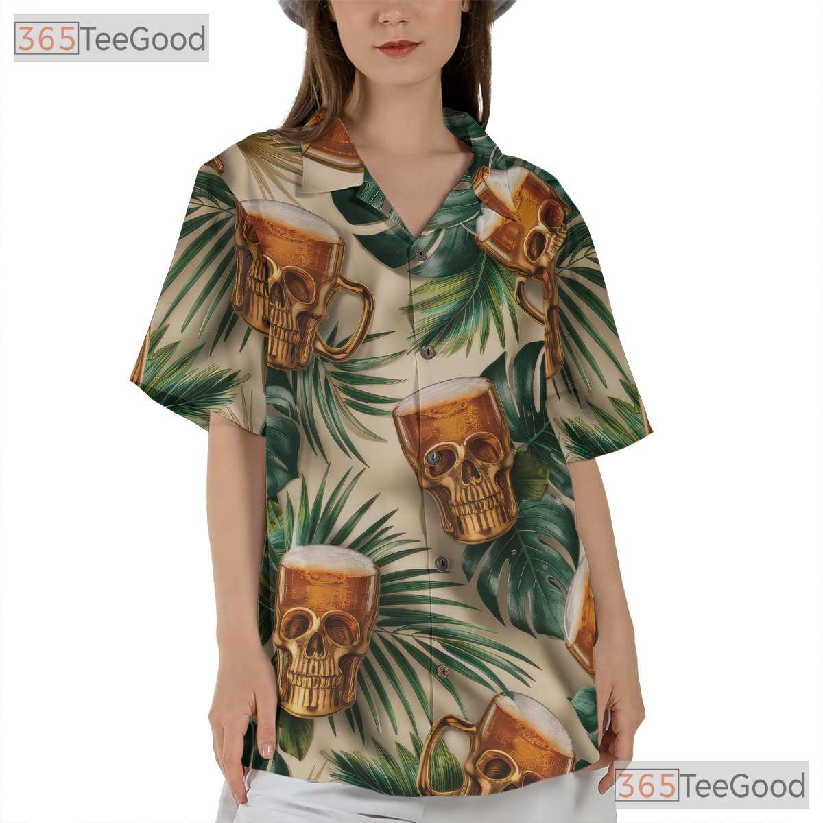 Skull Beer Mug Tropical Floral Tiki Print Hawaiian Tee Men Women Beachwear