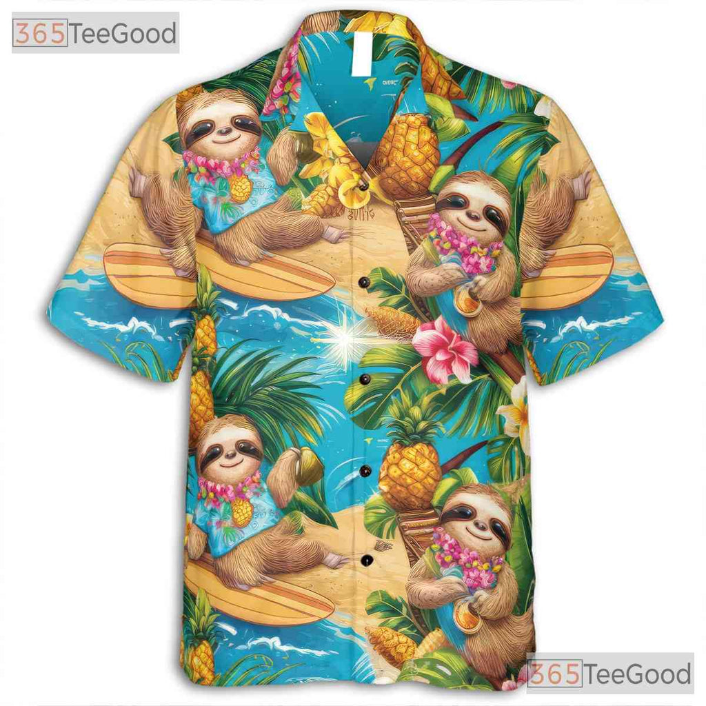 Sloth Print Hawaiian Shirt Unisex Tropical Summer Beach Vacation Top