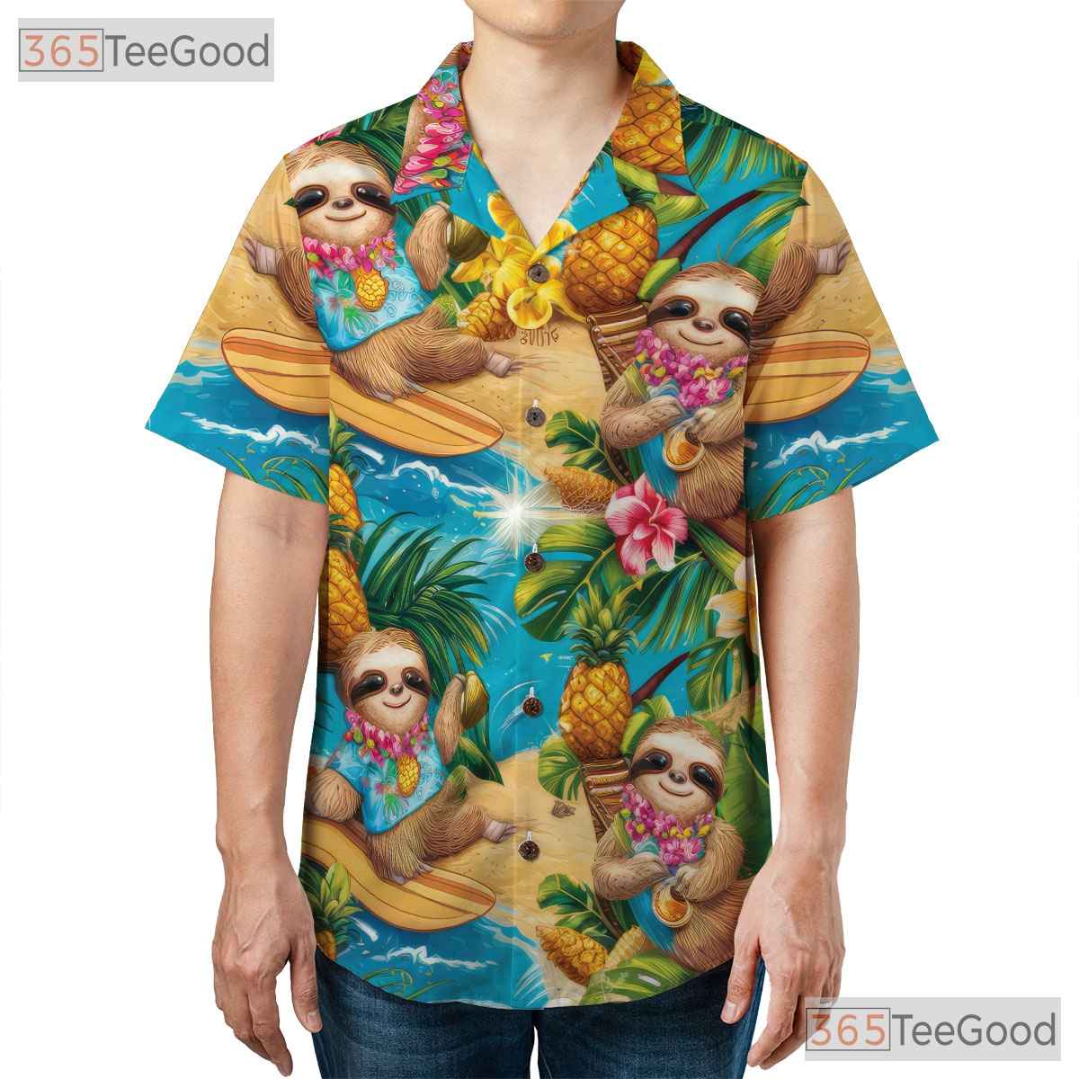 Sloth Print Hawaiian Shirt Unisex Tropical Summer Beach Vacation Top