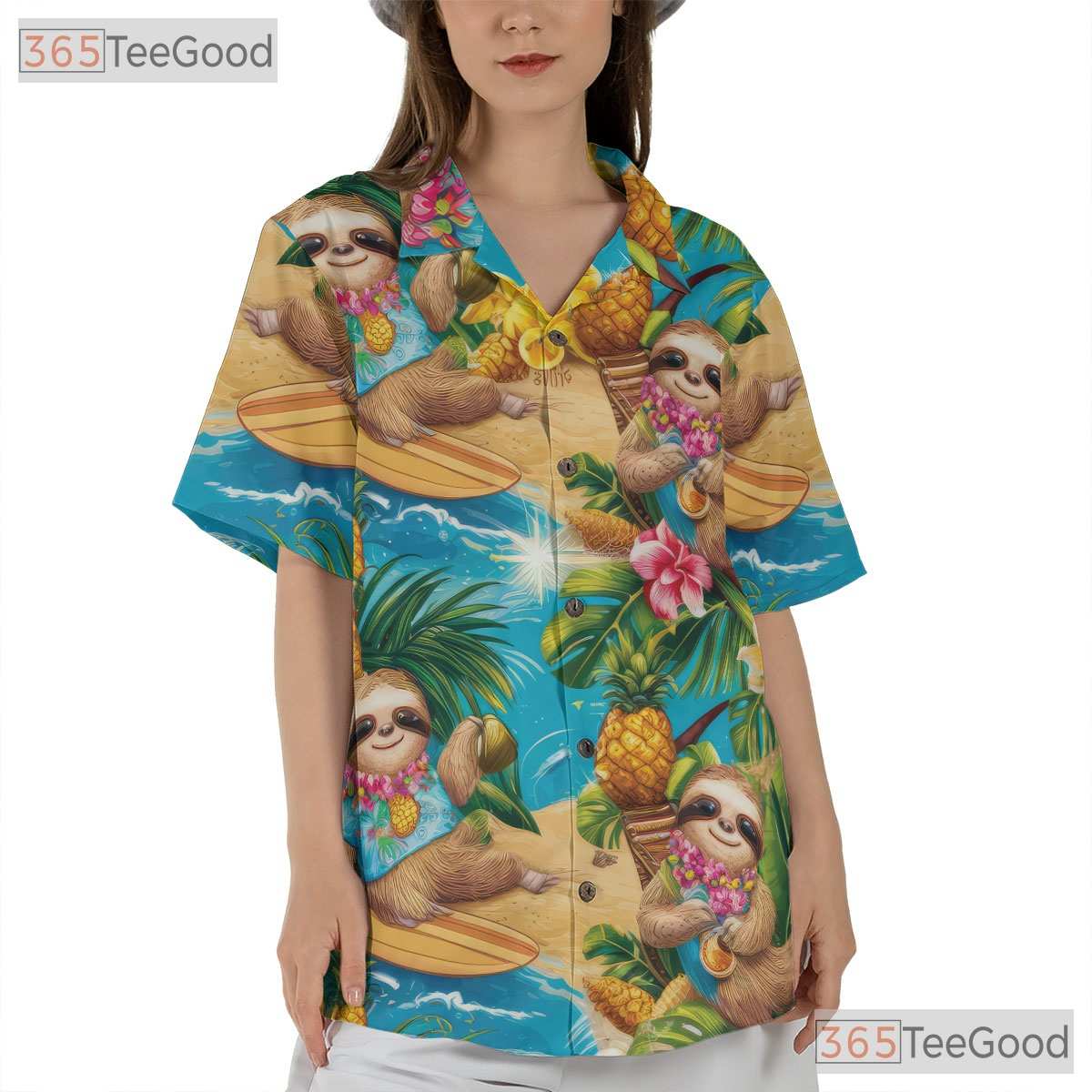 Sloth Print Hawaiian Shirt Unisex Tropical Summer Beach Vacation Top