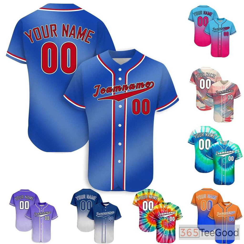 Solid Blue Custom Baseball Jersey Button Down Personalized Unisex Name & Number Tee