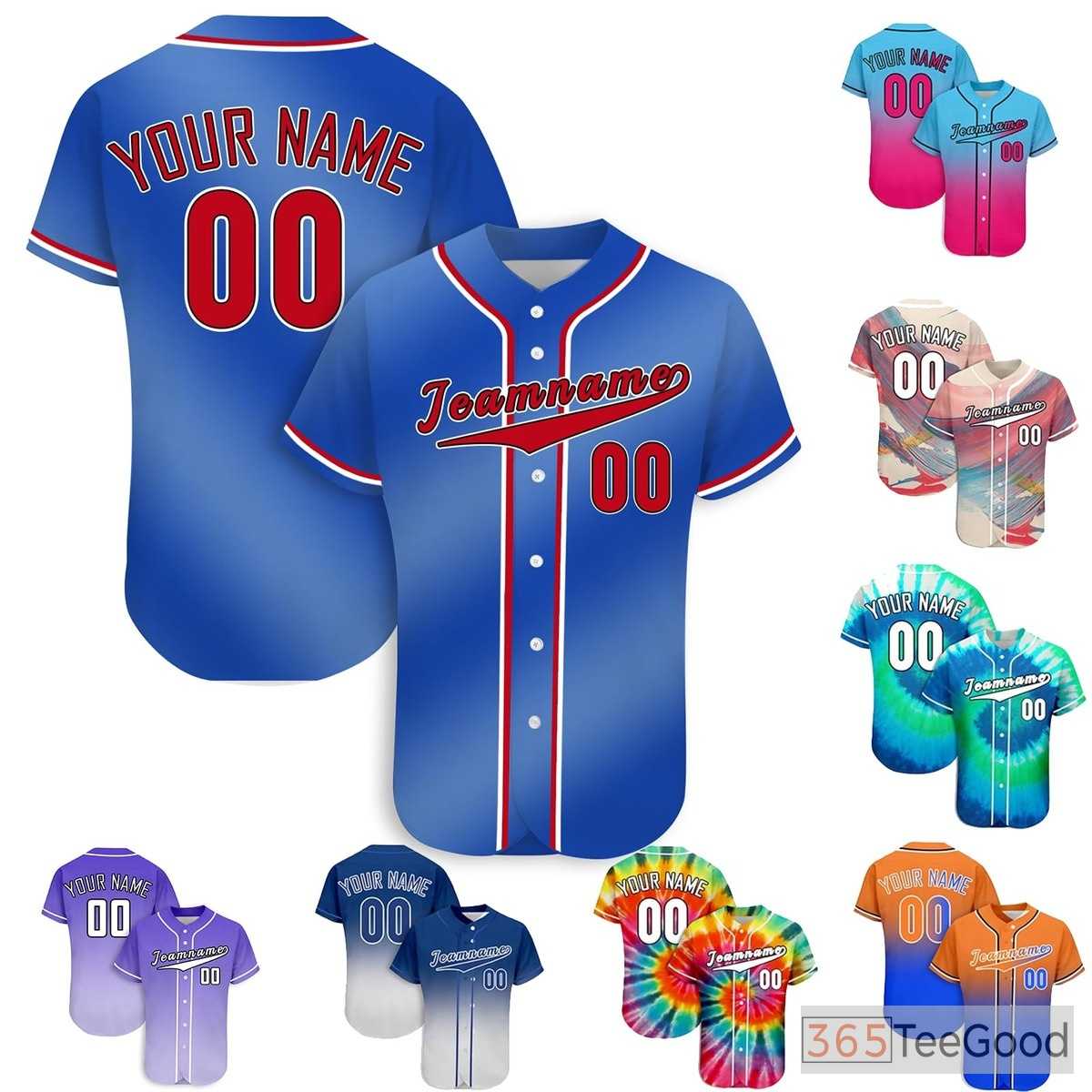 Solid Blue Custom Baseball Jersey Button Down Personalized Unisex Name & Number Tee