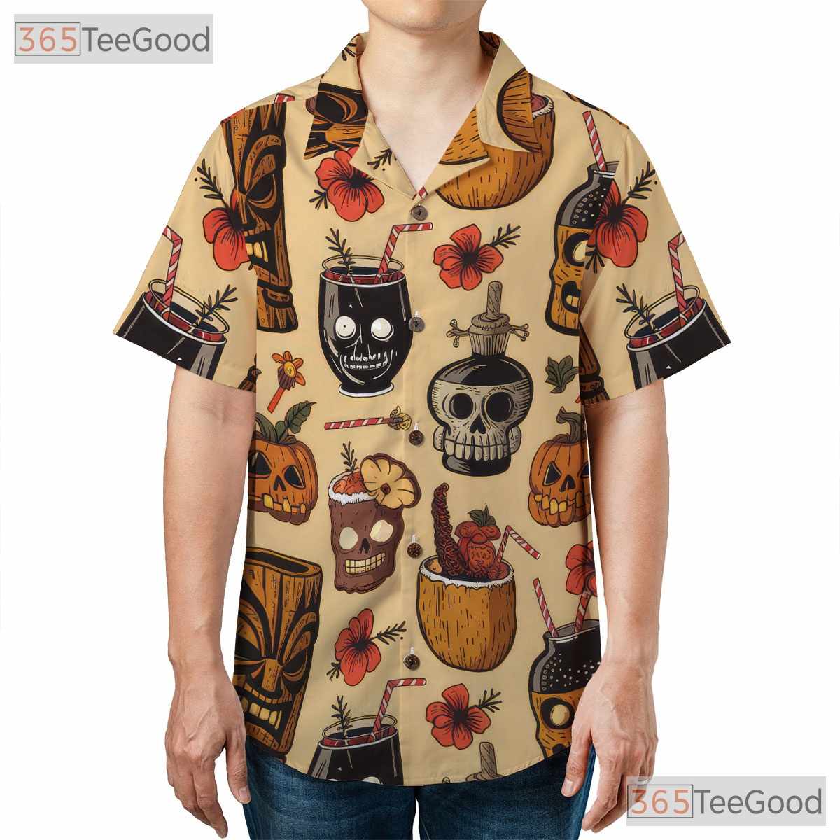 Spooky Tiki Hawaiian Shirt - Unisex Vintage Halloween Cocktail Party Tee