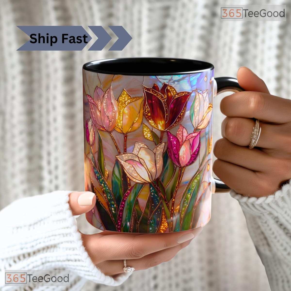 Stained Glass Tulip Floral Art Mug - Botanical Garden Lover Gift Ceramic Accent Mug