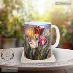 Stained Glass Tulip Floral Art Mug - Botanical Garden Lover Gift Ceramic Accent Mug