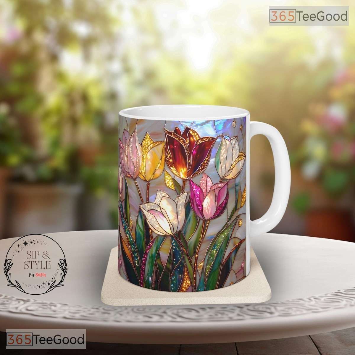 Stained Glass Tulip Floral Art Mug - Botanical Garden Lover Gift Ceramic Accent Mug