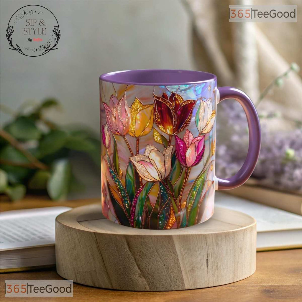 Stained Glass Tulip Floral Art Mug - Botanical Garden Lover Gift Ceramic Accent Mug