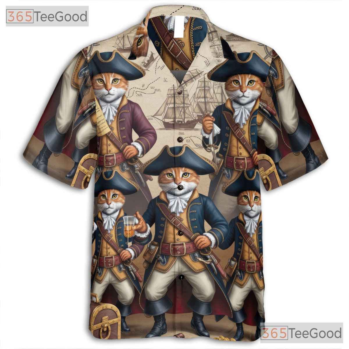 Steampunk Pirate Cat Hawaiian Shirt- Unisex Nautical Map Summer Vacation Top