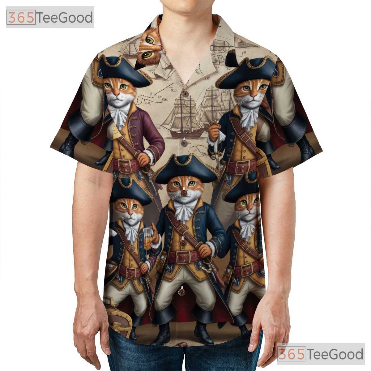 Steampunk Pirate Cat Hawaiian Shirt- Unisex Nautical Map Summer Vacation Top