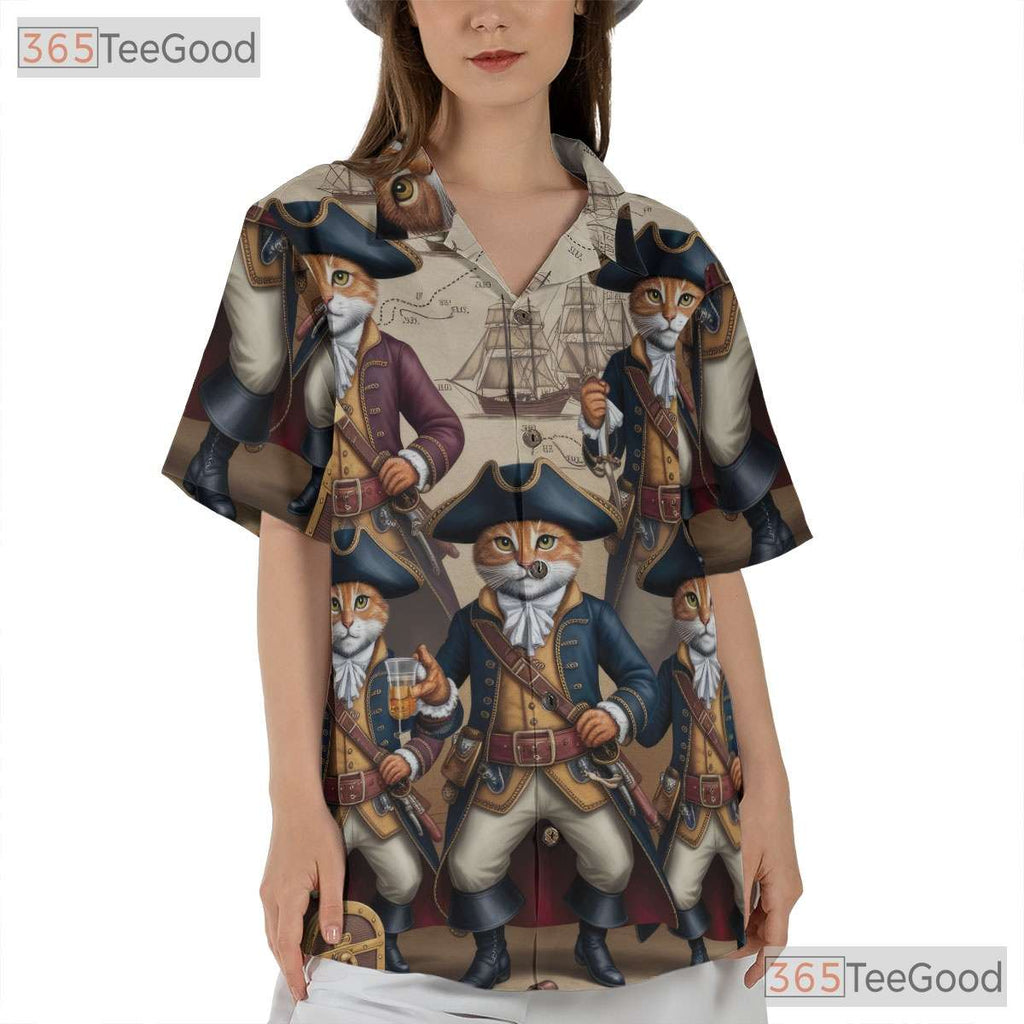 Steampunk Pirate Cat Hawaiian Shirt- Unisex Nautical Map Summer Vacation Top