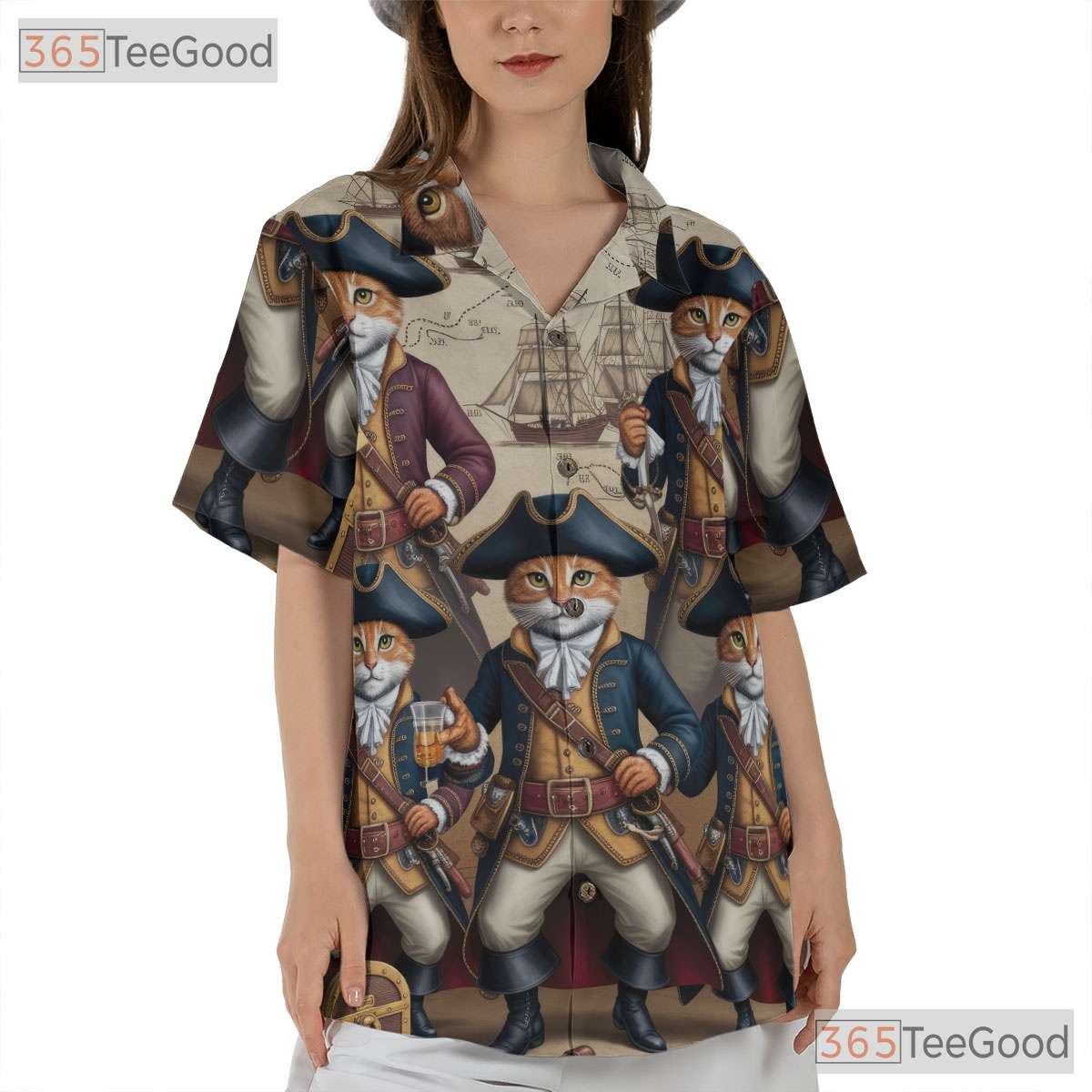 Steampunk Pirate Cat Hawaiian Shirt- Unisex Nautical Map Summer Vacation Top