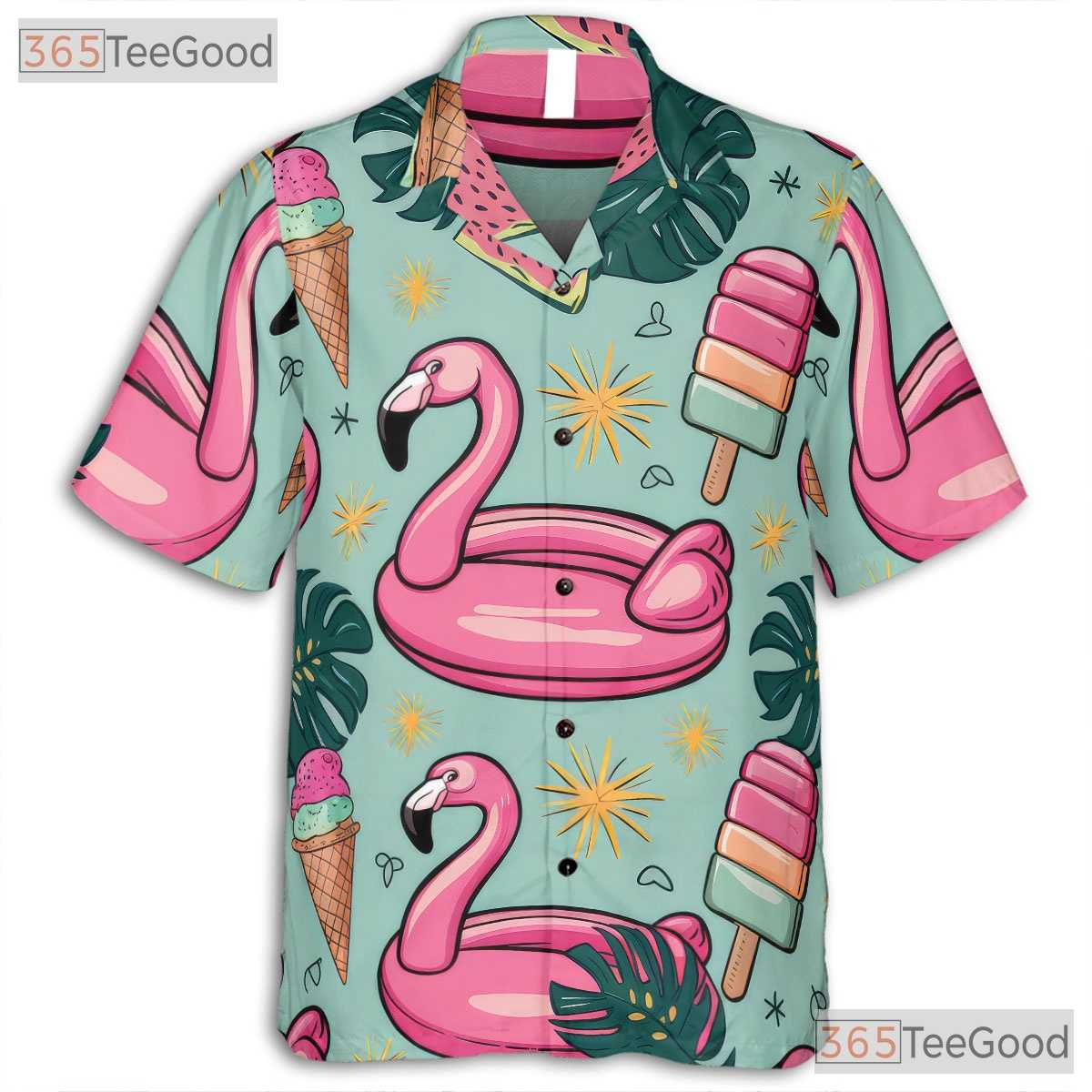 Summer Flamingo Ice Cream Hawaiian Tee Unisex Print for Beach and Travel