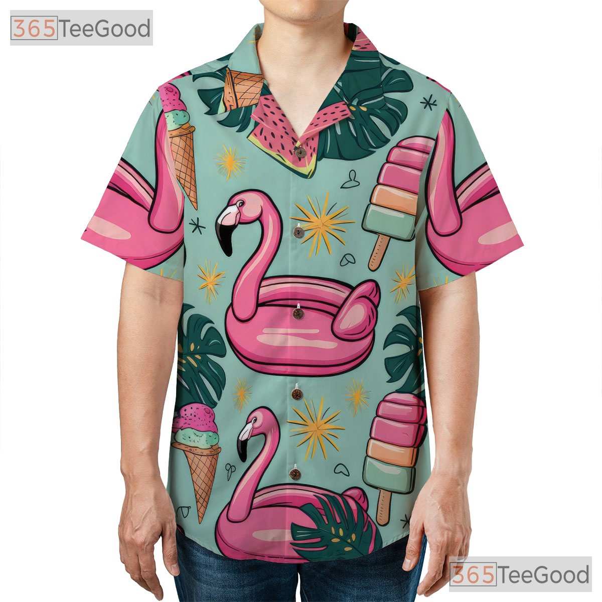 Summer Flamingo Ice Cream Hawaiian Tee Unisex Print for Beach and Travel