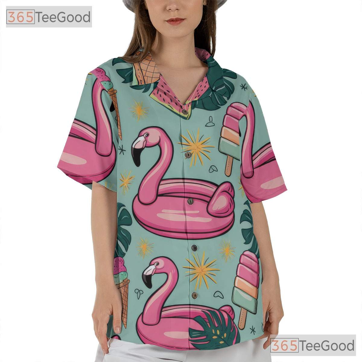 Summer Flamingo Ice Cream Hawaiian Tee Unisex Print for Beach and Travel