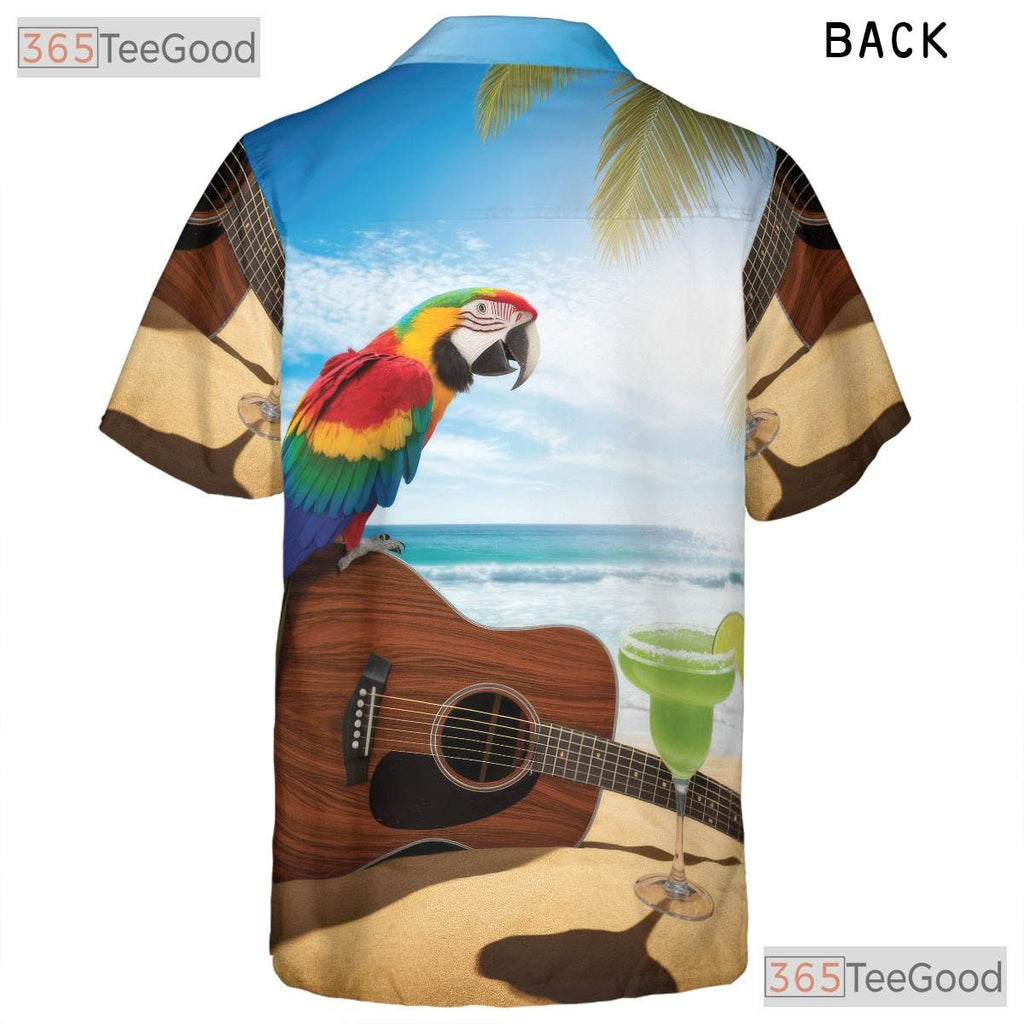 Sunset Beach Guitar Parrot Hawaiian Shirt- Unisex Tropical Vacation Aloha Top
