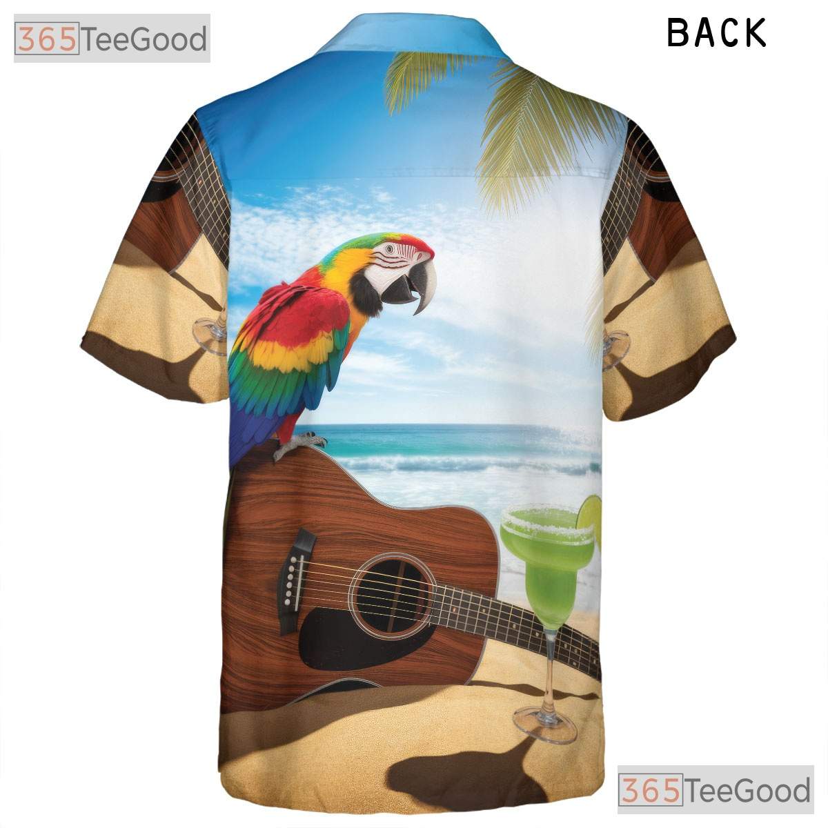 Sunset Beach Guitar Parrot Hawaiian Shirt- Unisex Tropical Vacation Aloha Top