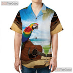 Sunset Beach Guitar Parrot Hawaiian Shirt- Unisex Tropical Vacation Aloha Top