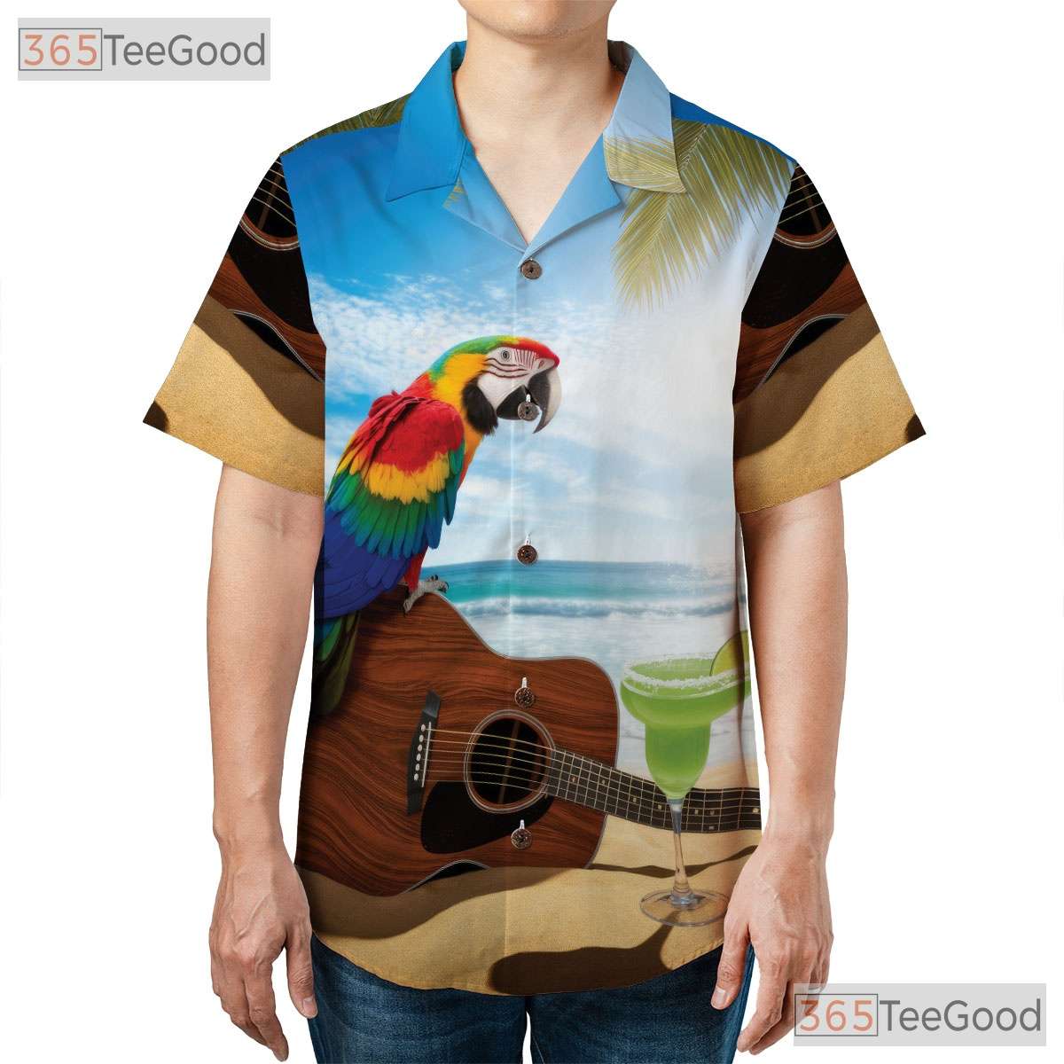 Sunset Beach Guitar Parrot Hawaiian Shirt- Unisex Tropical Vacation Aloha Top