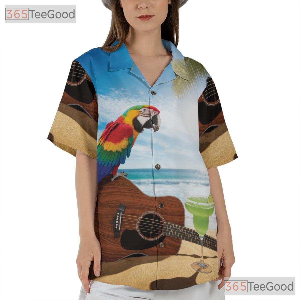 Sunset Beach Guitar Parrot Hawaiian Shirt- Unisex Tropical Vacation Aloha Top