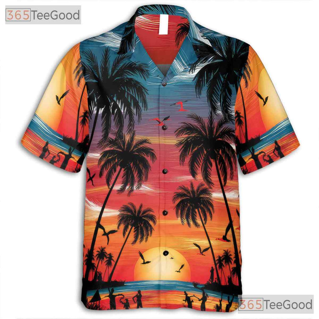 Sunset Palm Tree Hawaiian Shirt - Men's Tropical Beach Aloha Luau Style