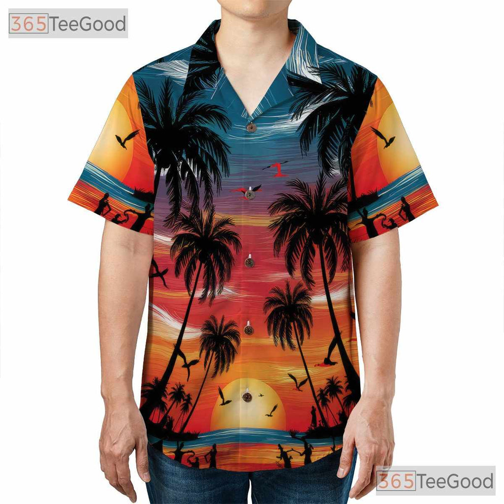 Sunset Palm Tree Hawaiian Shirt - Men's Tropical Beach Aloha Luau Style