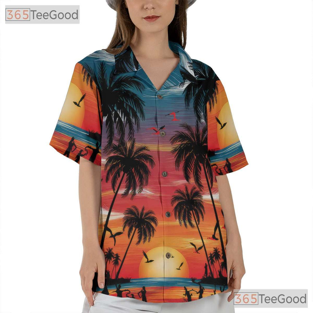 Sunset Palm Tree Hawaiian Shirt - Men's Tropical Beach Aloha Luau Style