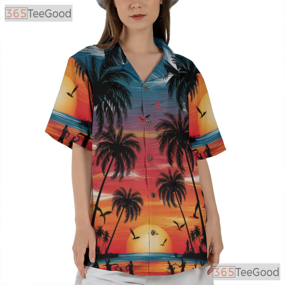 Sunset Palm Tree Hawaiian Shirt - Men's Tropical Beach Aloha Luau Style