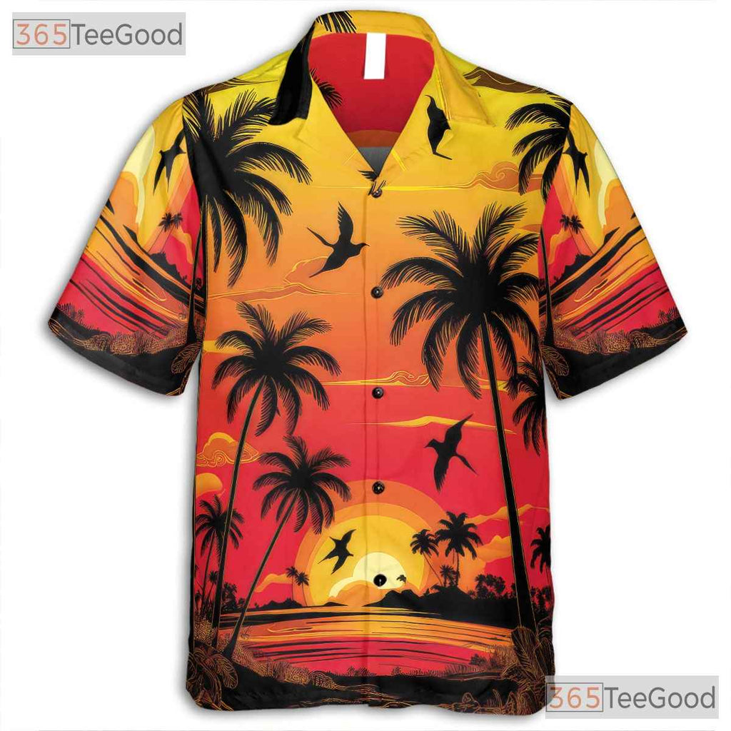 Sunset Palm Tree Hawaiian Shirt - Unisex Beach Resort Aesthetic Summer Tee