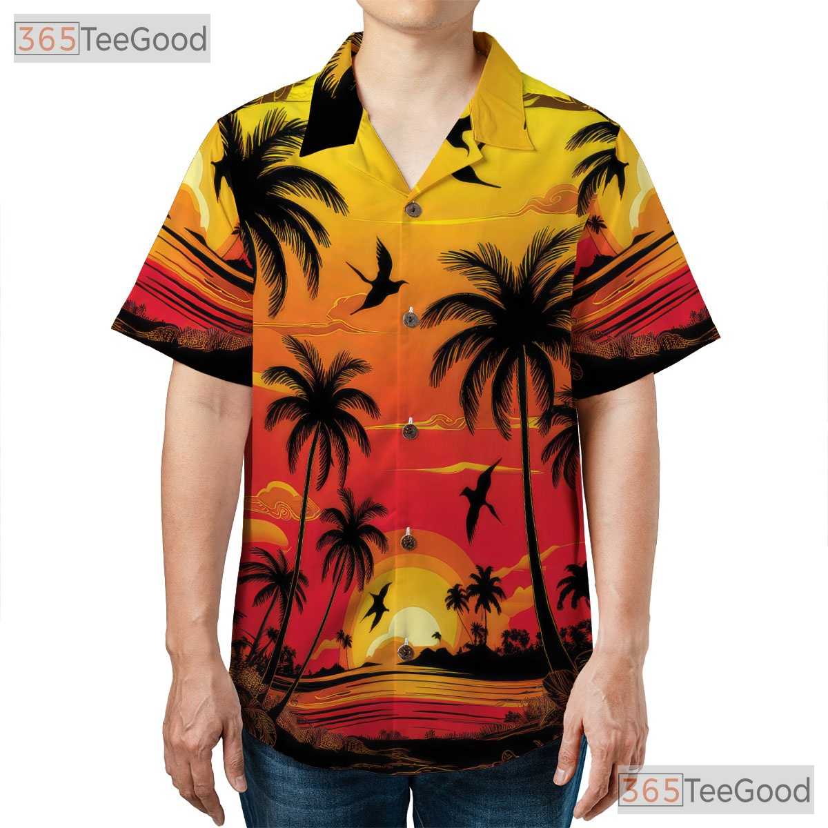 Sunset Palm Tree Hawaiian Shirt - Unisex Beach Resort Aesthetic Summer Tee