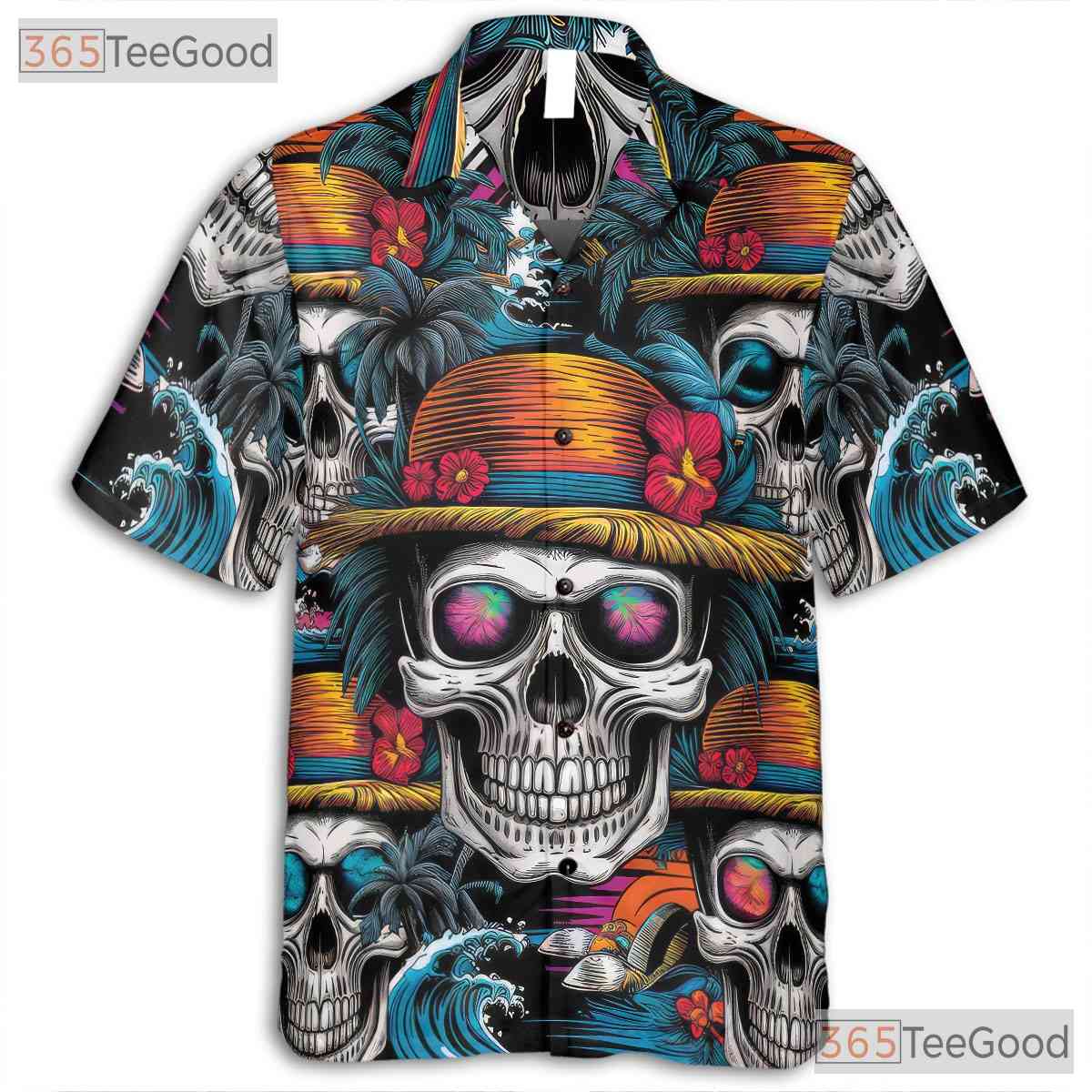Sunset Skull Tropical Palm Tree Hawaiian Shirt Men Women Gothic Beachwear